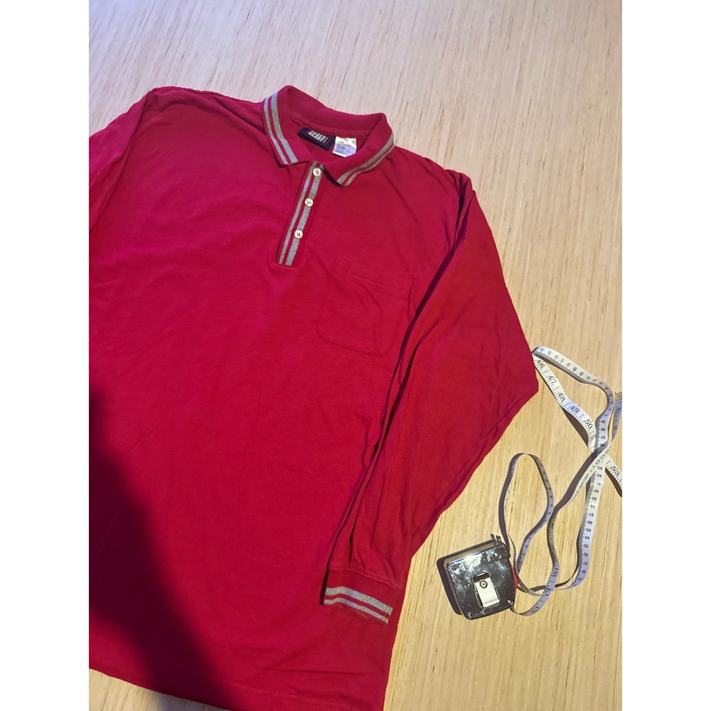 Faded Glory Mens Red Long Sleeve Polo Shirt Cotton Striped Trim Size Large 44